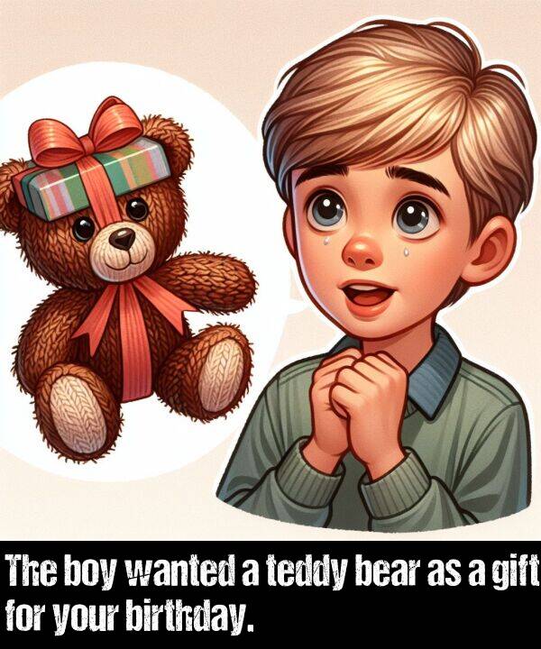 boy: The boy wanted a teddy bear as a gift for your birthday.
