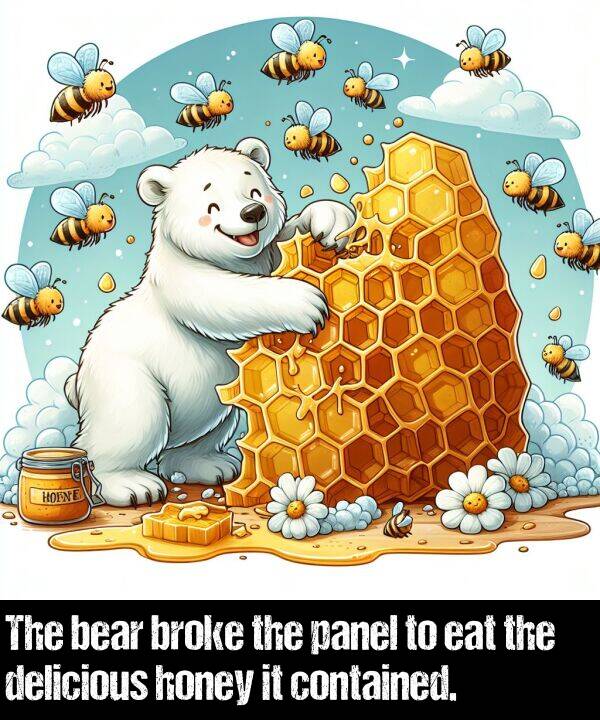 bear: The bear broke the panel to eat the delicious honey it contained.