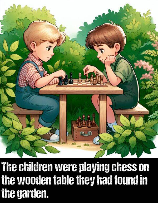 table: The children were playing chess on the wooden table they had found in the garden.