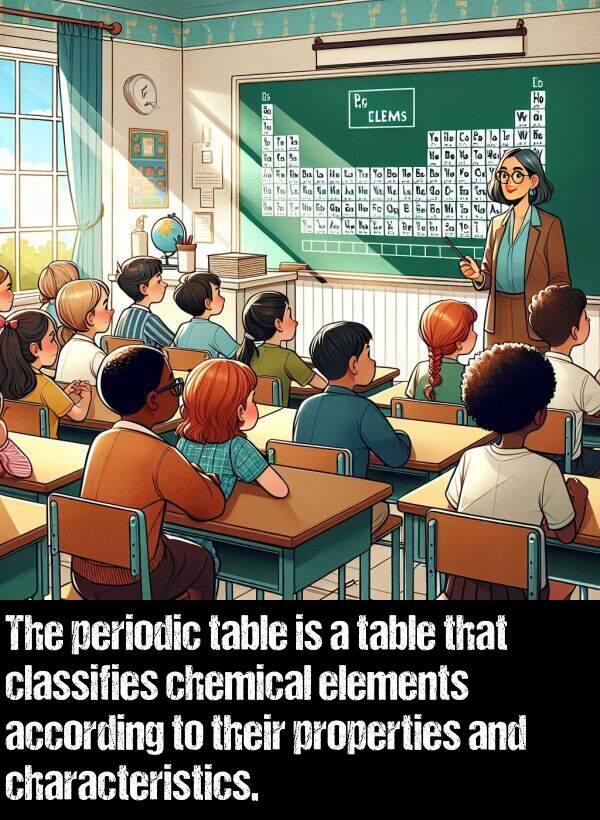 table: The periodic table is a table that classifies chemical elements according to their properties and characteristics.