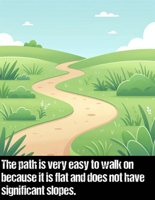 easy: The path is very easy to walk on because it is flat and does not have significant slopes.