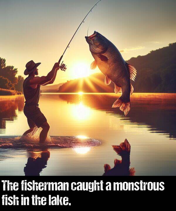 fish: The fisherman caught a monstrous fish in the lake.