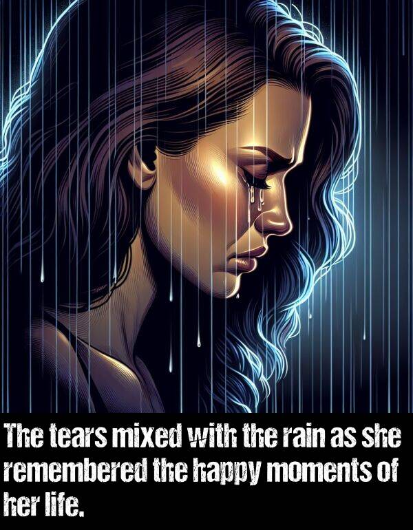 happy: The tears mixed with the rain as she remembered the happy moments of her life.