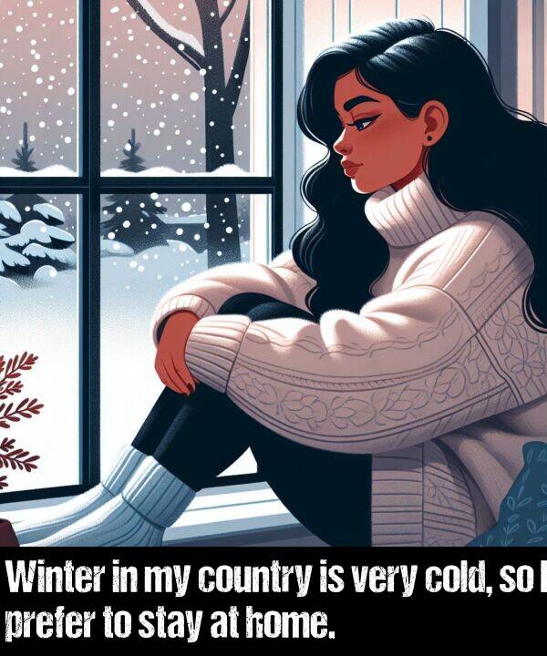 country: Winter in my country is very cold, so I prefer to stay at home.