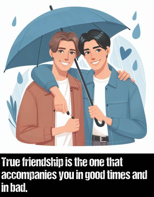 accompanies: True friendship is the one that accompanies you in good times and in bad.