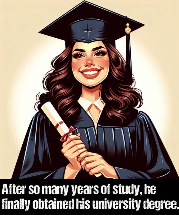 degree: After so many years of study, he finally obtained his university degree.