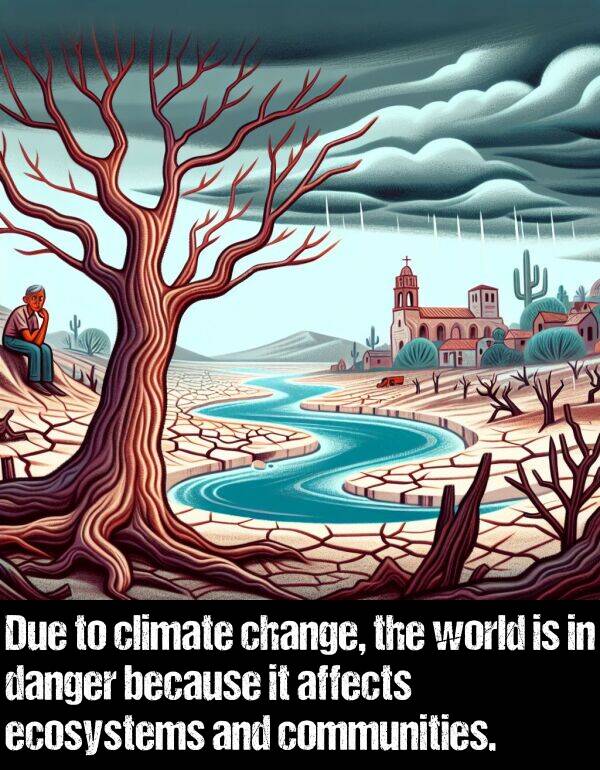 danger: Due to climate change, the world is in danger because it affects ecosystems and communities.