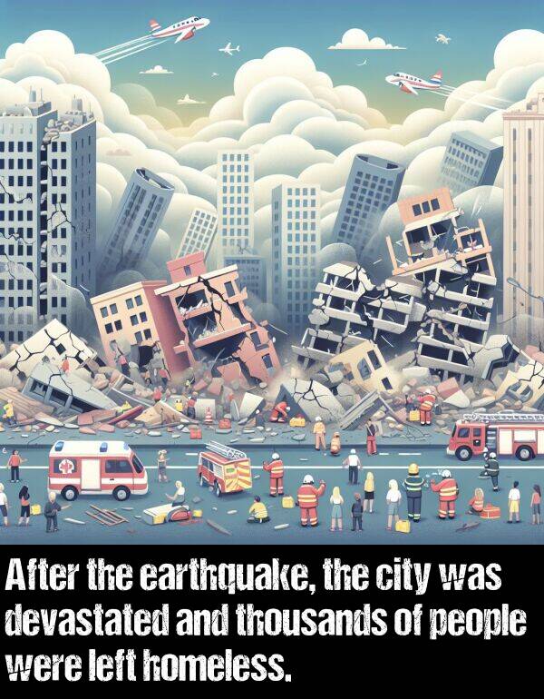 left: After the earthquake, the city was devastated and thousands of people were left homeless.