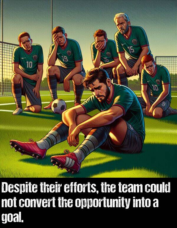 team: Despite their efforts, the team could not convert the opportunity into a goal.
