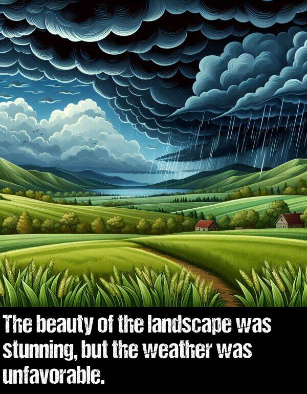 landscape: The beauty of the landscape was stunning, but the weather was unfavorable.