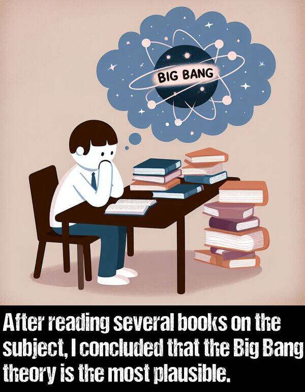 books: After reading several books on the subject, I concluded that the Big Bang theory is the most plausible.