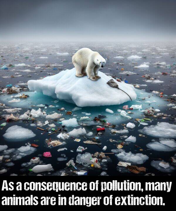 many: As a consequence of pollution, many animals are in danger of extinction.