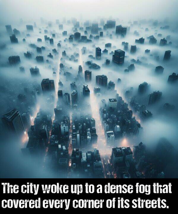 city: The city woke up to a dense fog that covered every corner of its streets.