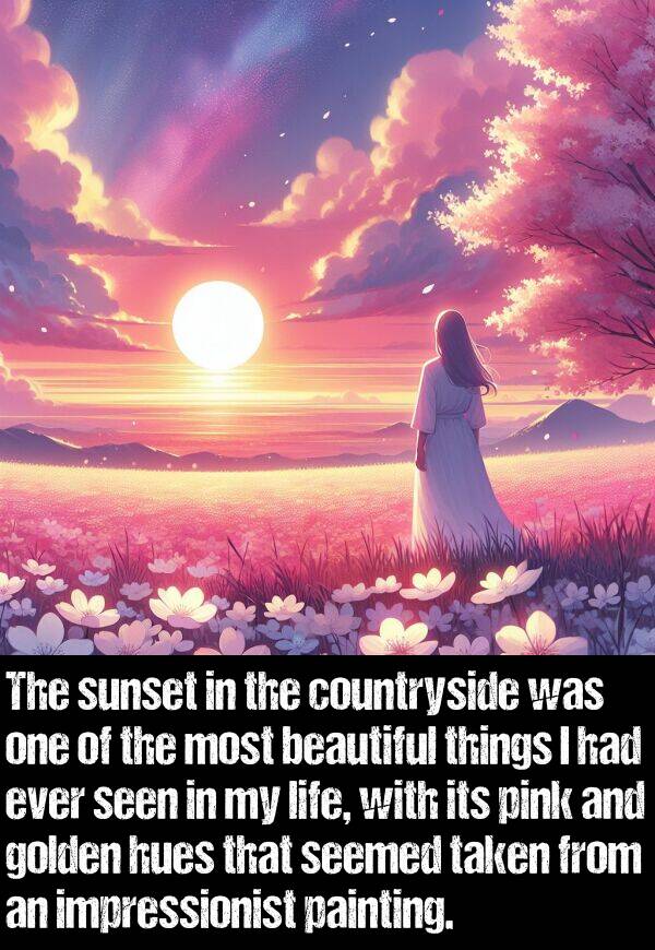 things: The sunset in the countryside was one of the most beautiful things I had ever seen in my life, with its pink and golden hues that seemed taken from an impressionist painting.