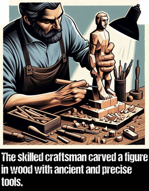 tools: The skilled craftsman carved a figure in wood with ancient and precise tools.