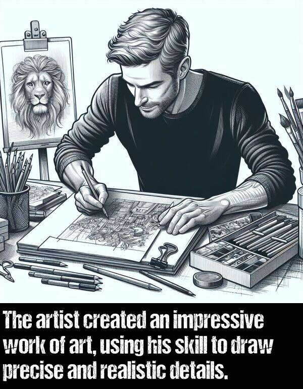 skill: The artist created an impressive work of art, using his skill to draw precise and realistic details.