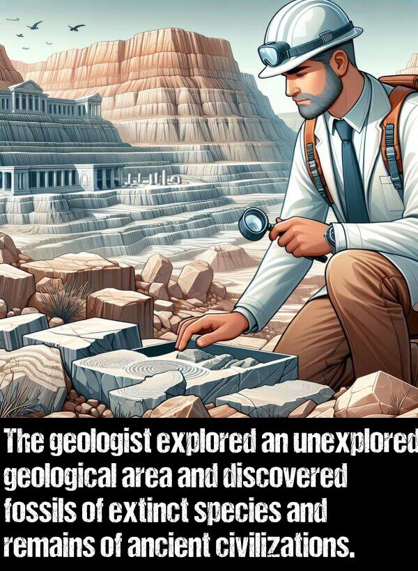 area: The geologist explored an unexplored geological area and discovered fossils of extinct species and remains of ancient civilizations.