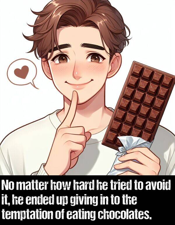 how: No matter how hard he tried to avoid it, he ended up giving in to the temptation of eating chocolates.