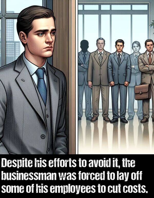 forced: Despite his efforts to avoid it, the businessman was forced to lay off some of his employees to cut costs.