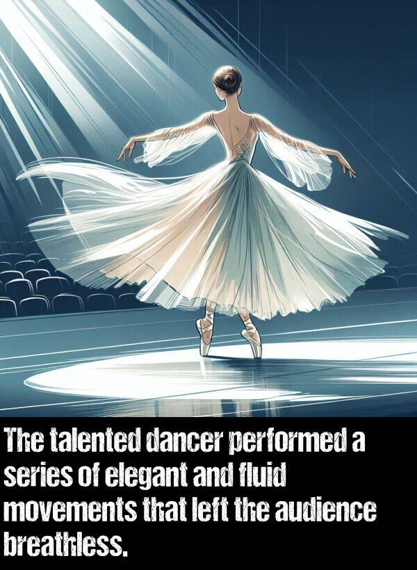 left: The talented dancer performed a series of elegant and fluid movements that left the audience breathless.