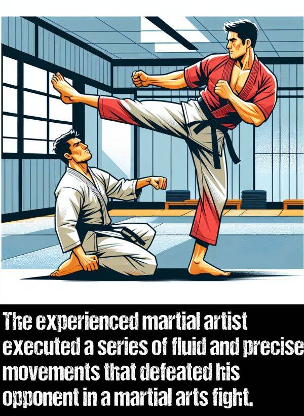 defeated: The experienced martial artist executed a series of fluid and precise movements that defeated his opponent in a martial arts fight.