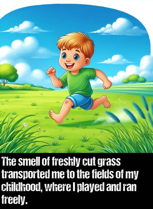 fields: The smell of freshly cut grass transported me to the fields of my childhood, where I played and ran freely.