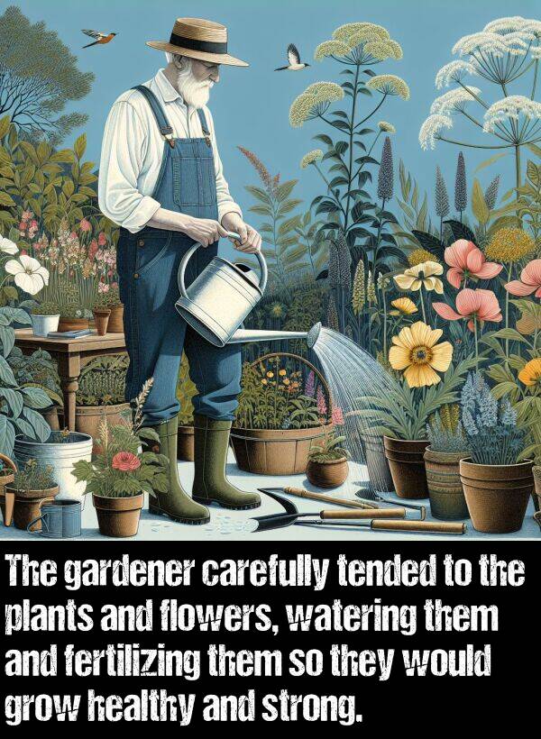 them: The gardener carefully tended to the plants and flowers, watering them and fertilizing them so they would grow healthy and strong.