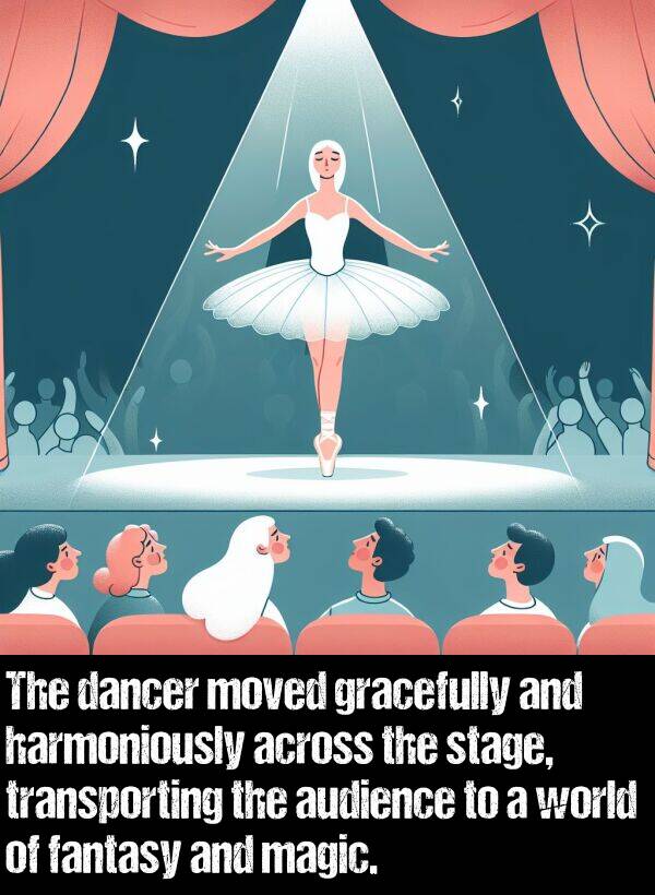 transporting: The dancer moved gracefully and harmoniously across the stage, transporting the audience to a world of fantasy and magic.