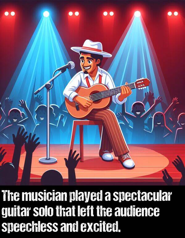 left: The musician played a spectacular guitar solo that left the audience speechless and excited.