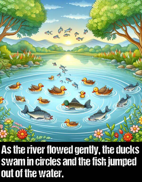 jumped: As the river flowed gently, the ducks swam in circles and the fish jumped out of the water.