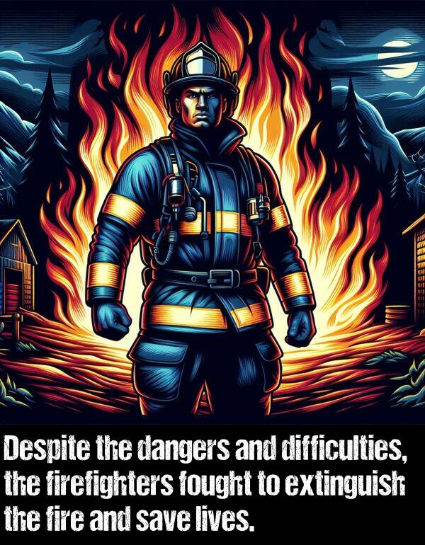 lives: Despite the dangers and difficulties, the firefighters fought to extinguish the fire and save lives.