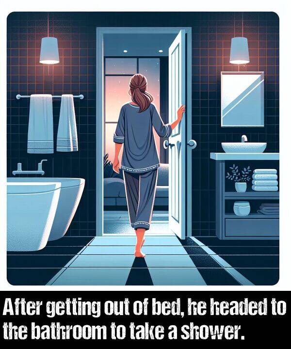 bed: After getting out of bed, he headed to the bathroom to take a shower.