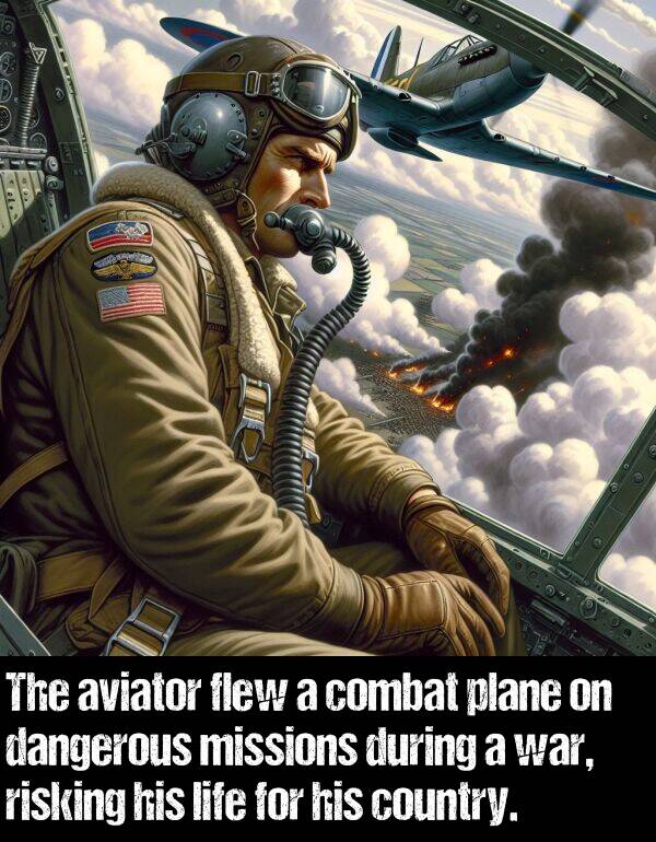war: The aviator flew a combat plane on dangerous missions during a war, risking his life for his country.