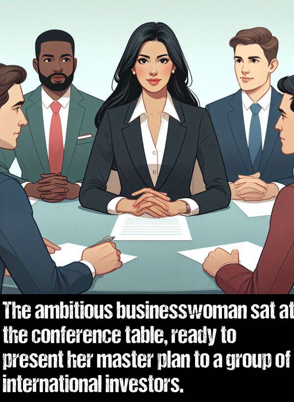 ready: The ambitious businesswoman sat at the conference table, ready to present her master plan to a group of international investors.