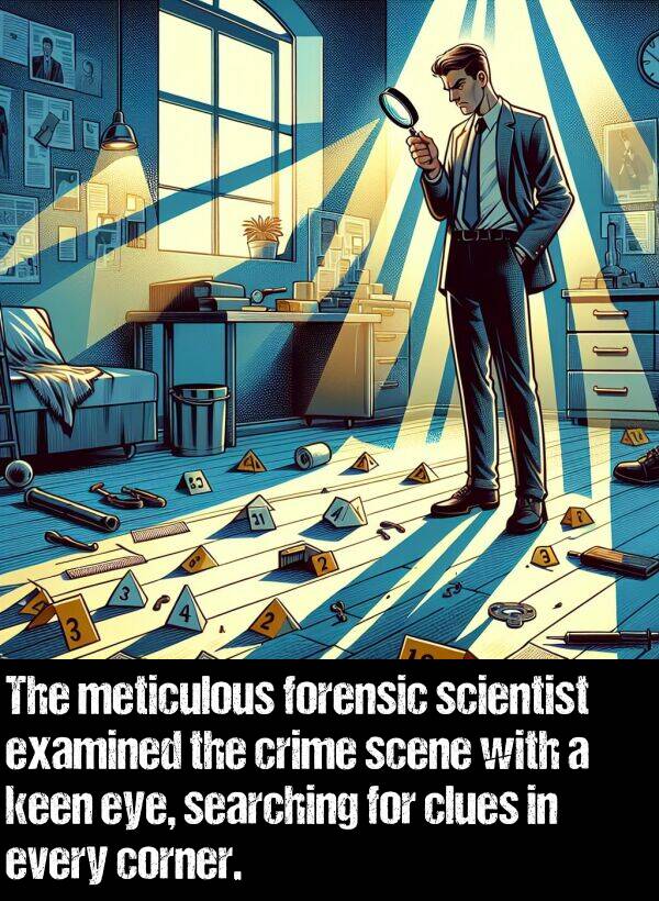 searching: The meticulous forensic scientist examined the crime scene with a keen eye, searching for clues in every corner.