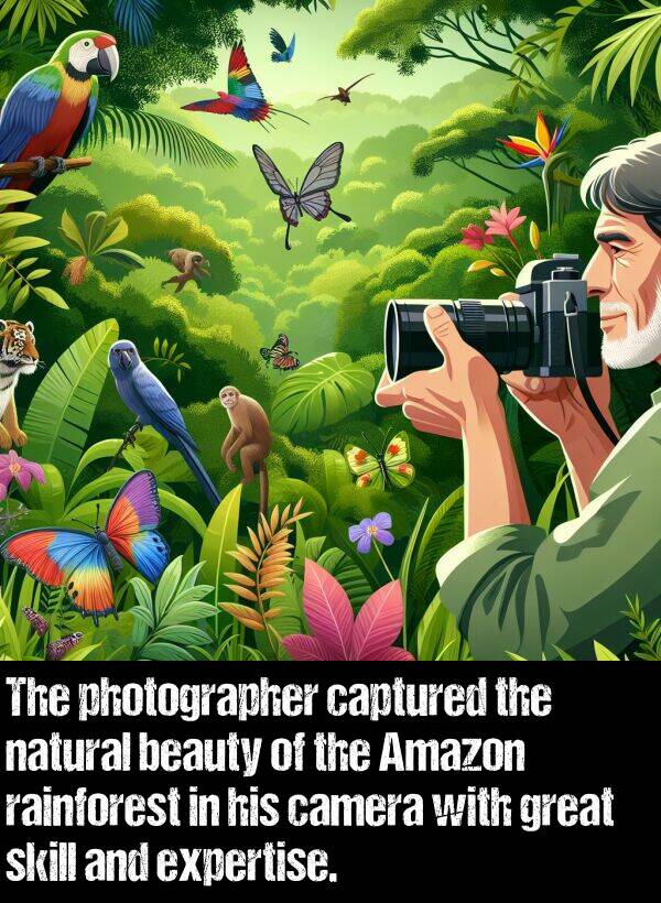 skill: The photographer captured the natural beauty of the Amazon rainforest in his camera with great skill and expertise.