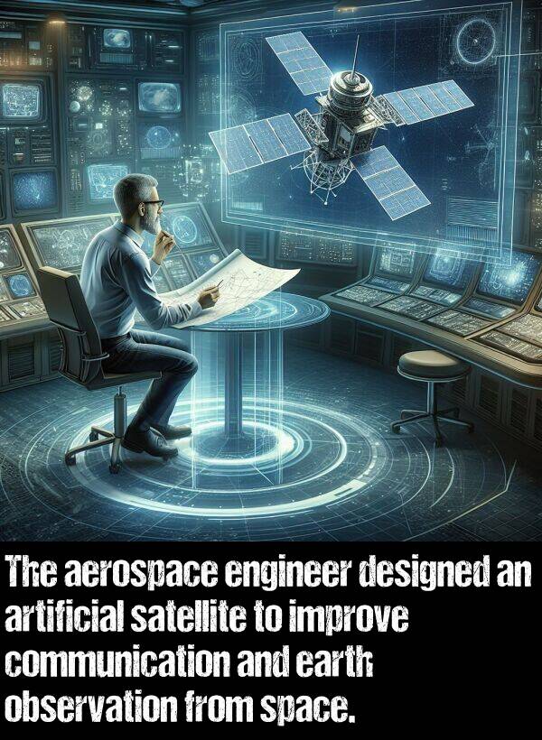 space: The aerospace engineer designed an artificial satellite to improve communication and earth observation from space.