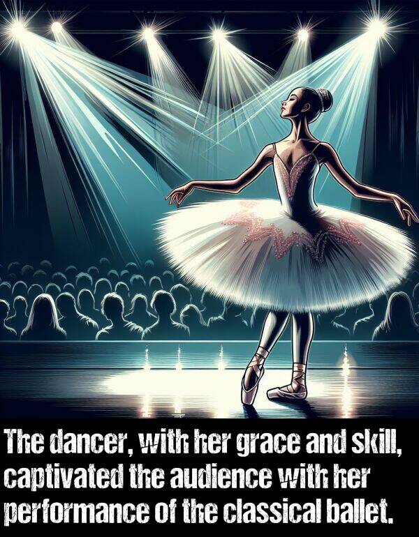 skill: The dancer, with her grace and skill, captivated the audience with her performance of the classical ballet.