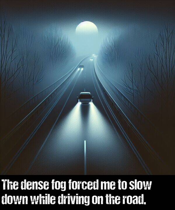 forced: The dense fog forced me to slow down while driving on the road.