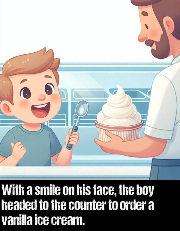 boy: With a smile on his face, the boy headed to the counter to order a vanilla ice cream.