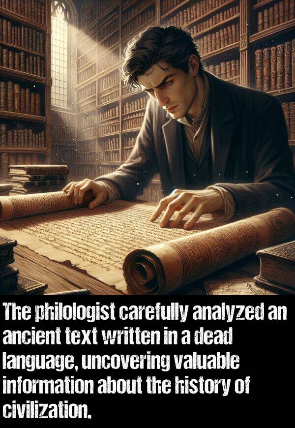 language: The philologist carefully analyzed an ancient text written in a dead language, uncovering valuable information about the history of civilization.