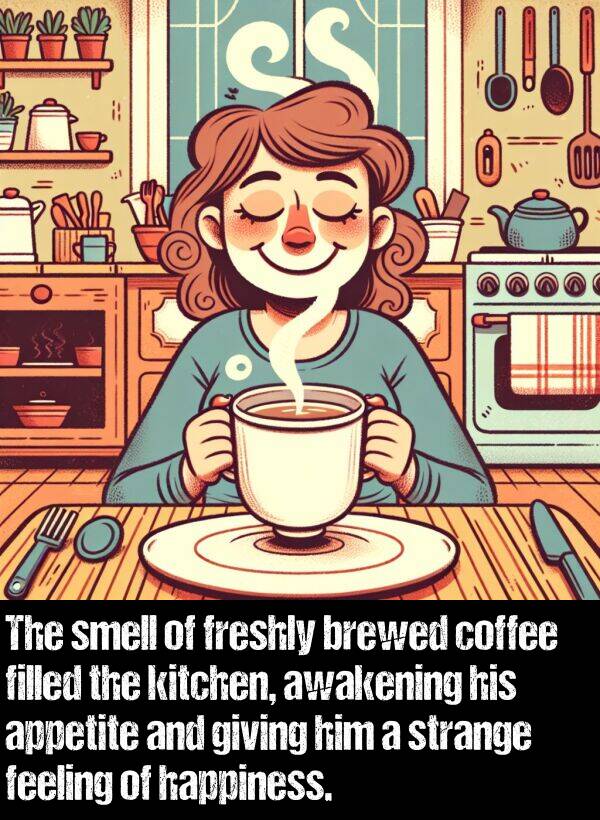 giving: The smell of freshly brewed coffee filled the kitchen, awakening his appetite and giving him a strange feeling of happiness.