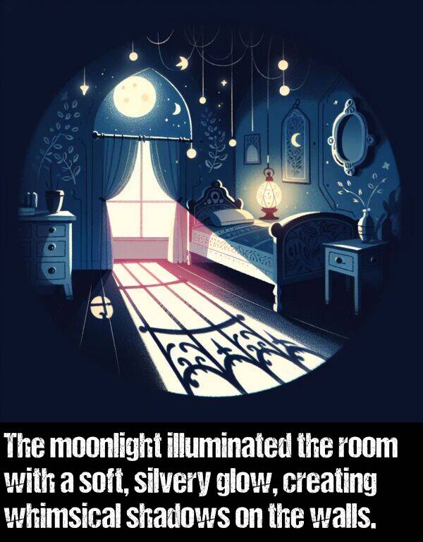 whimsical: The moonlight illuminated the room with a soft, silvery glow, creating whimsical shadows on the walls.