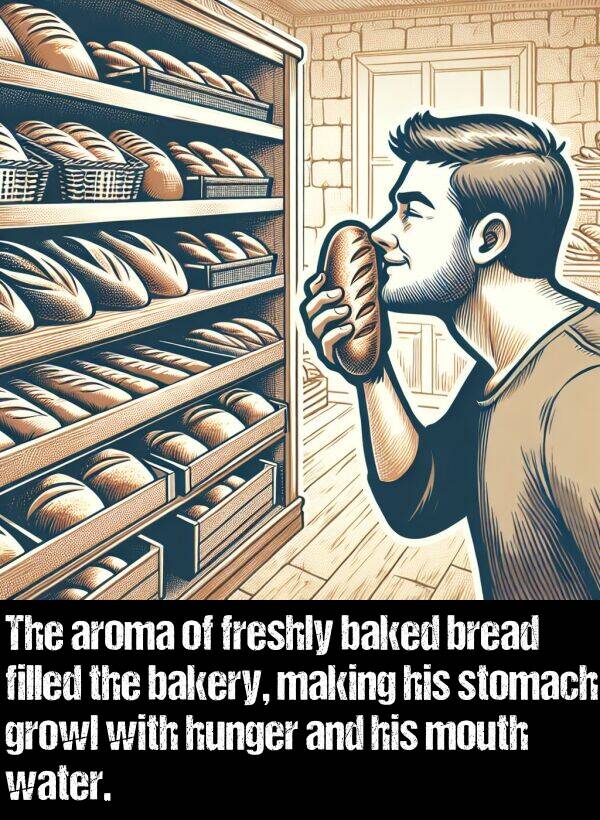 baked: The aroma of freshly baked bread filled the bakery, making his stomach growl with hunger and his mouth water.
