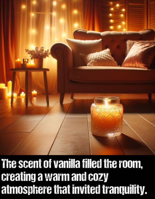 warm: The scent of vanilla filled the room, creating a warm and cozy atmosphere that invited tranquility.