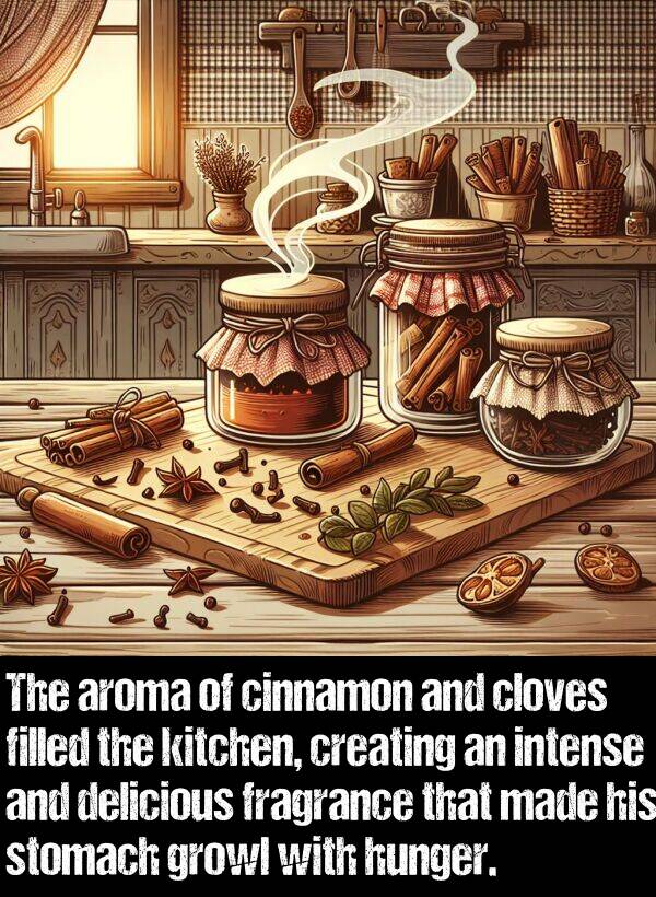 intense: The aroma of cinnamon and cloves filled the kitchen, creating an intense and delicious fragrance that made his stomach growl with hunger.