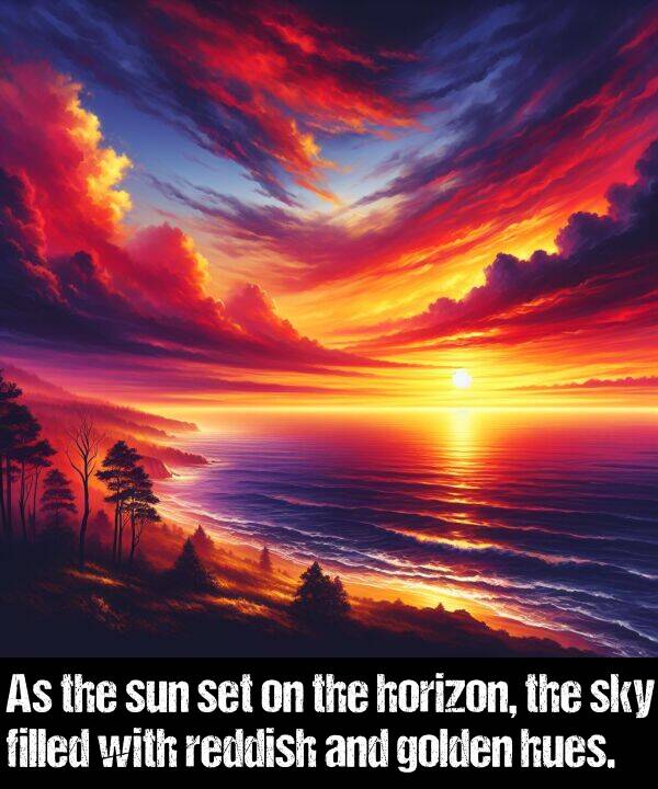 set: As the sun set on the horizon, the sky filled with reddish and golden hues.