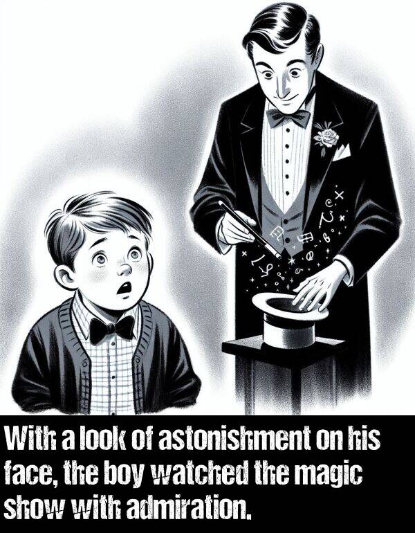 look: With a look of astonishment on his face, the boy watched the magic show with admiration.