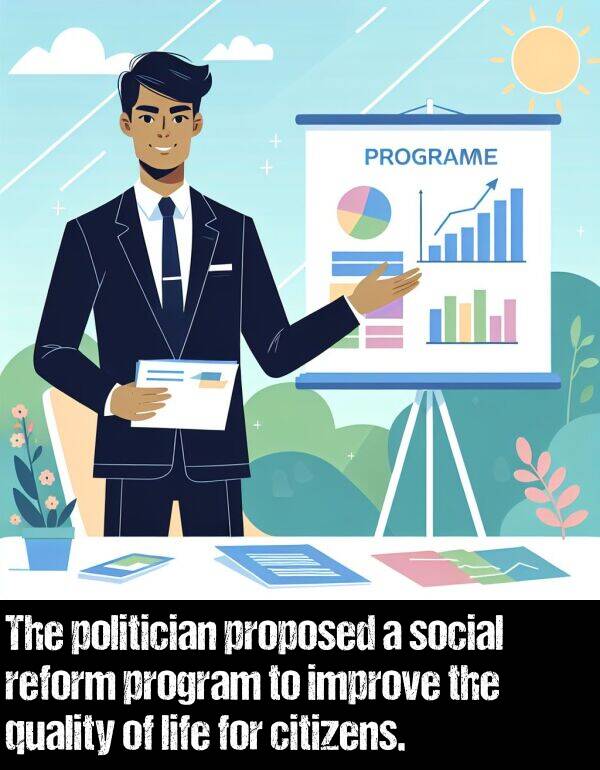 quality: The politician proposed a social reform program to improve the quality of life for citizens.
