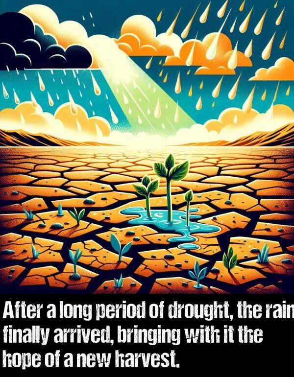 bringing: After a long period of drought, the rain finally arrived, bringing with it the hope of a new harvest.